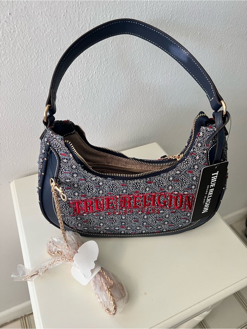 True Religion Navy Patterned Shoulder Bag with Red Logo Embroidery